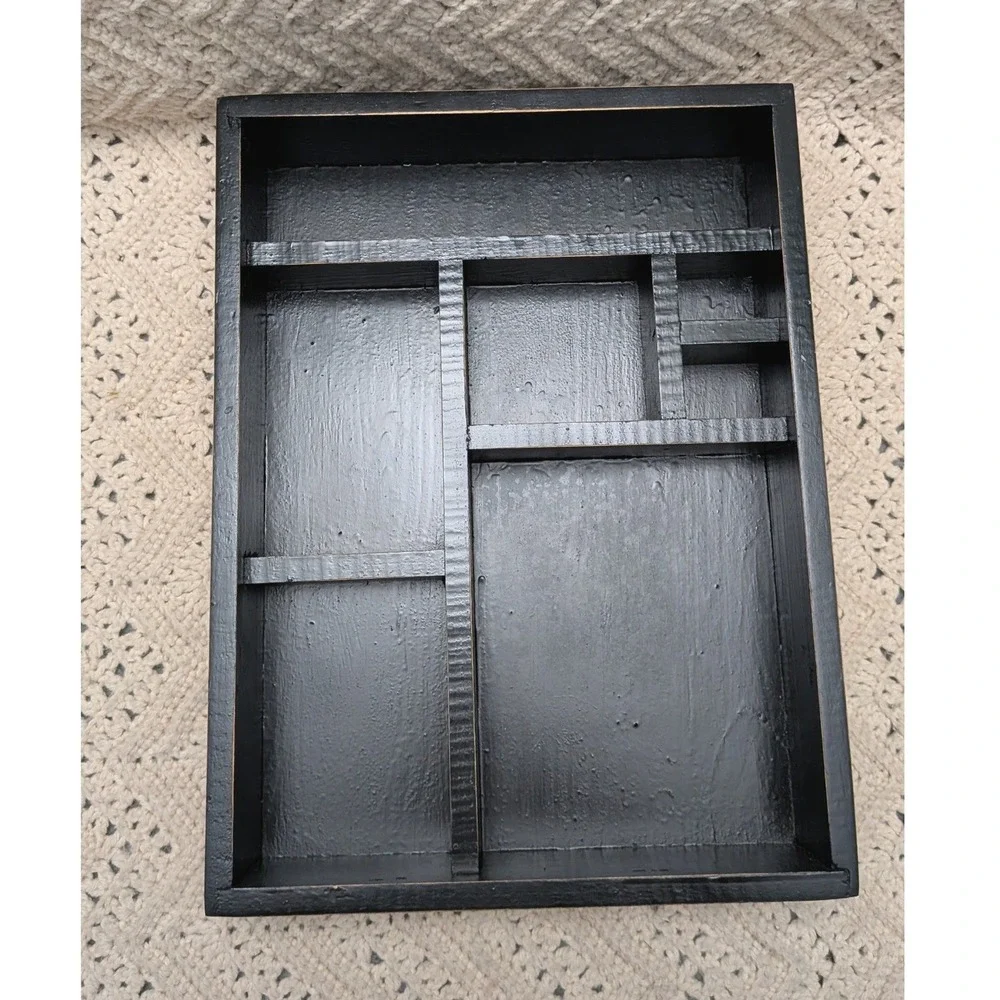 Vintage Black Wooden Shadow Box Wall Hanging Display Case 7 Compartment Trinket
